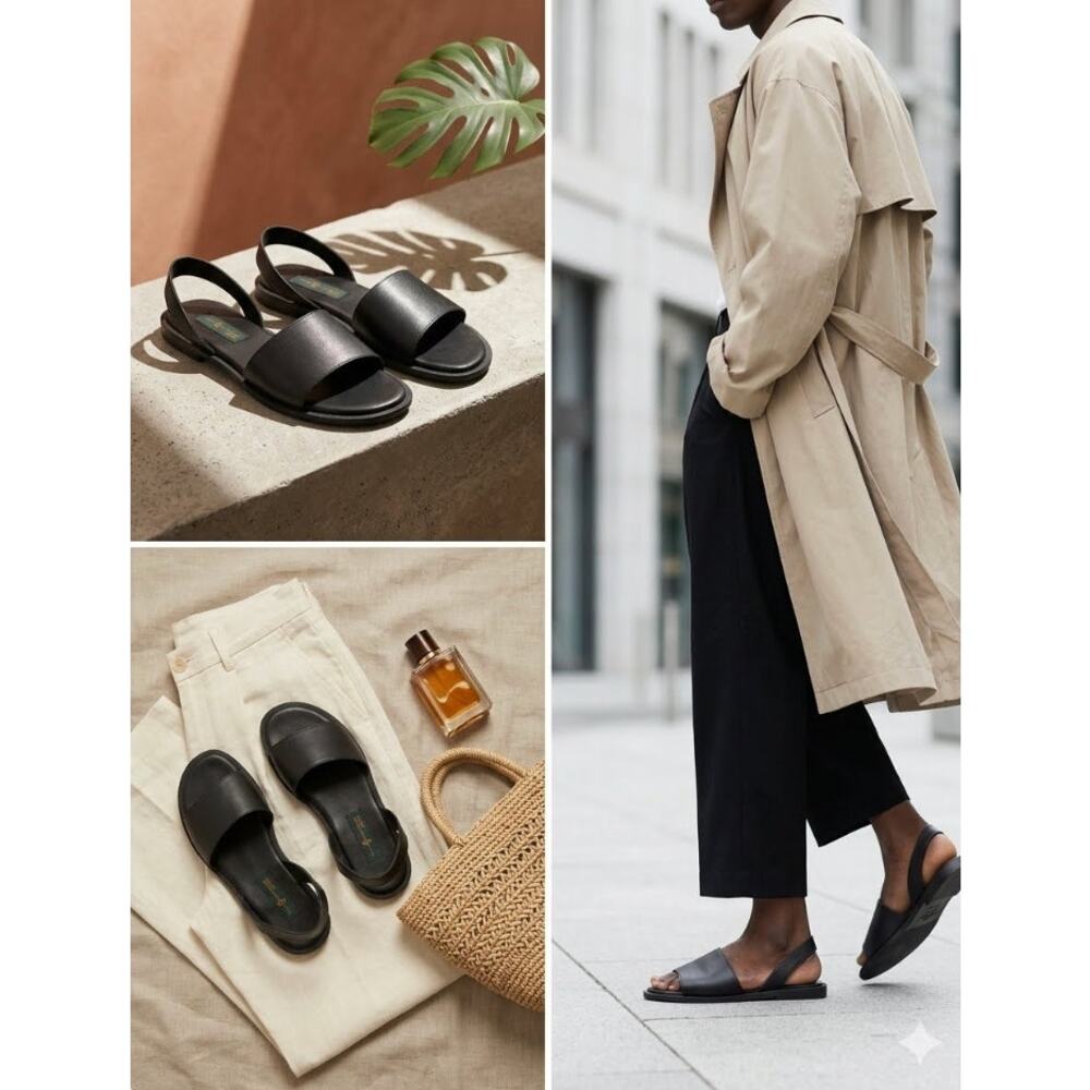 Paul Konyemabi Black Leather Slingback Sandals Men 11 Minimalist Boho Luxe Flat